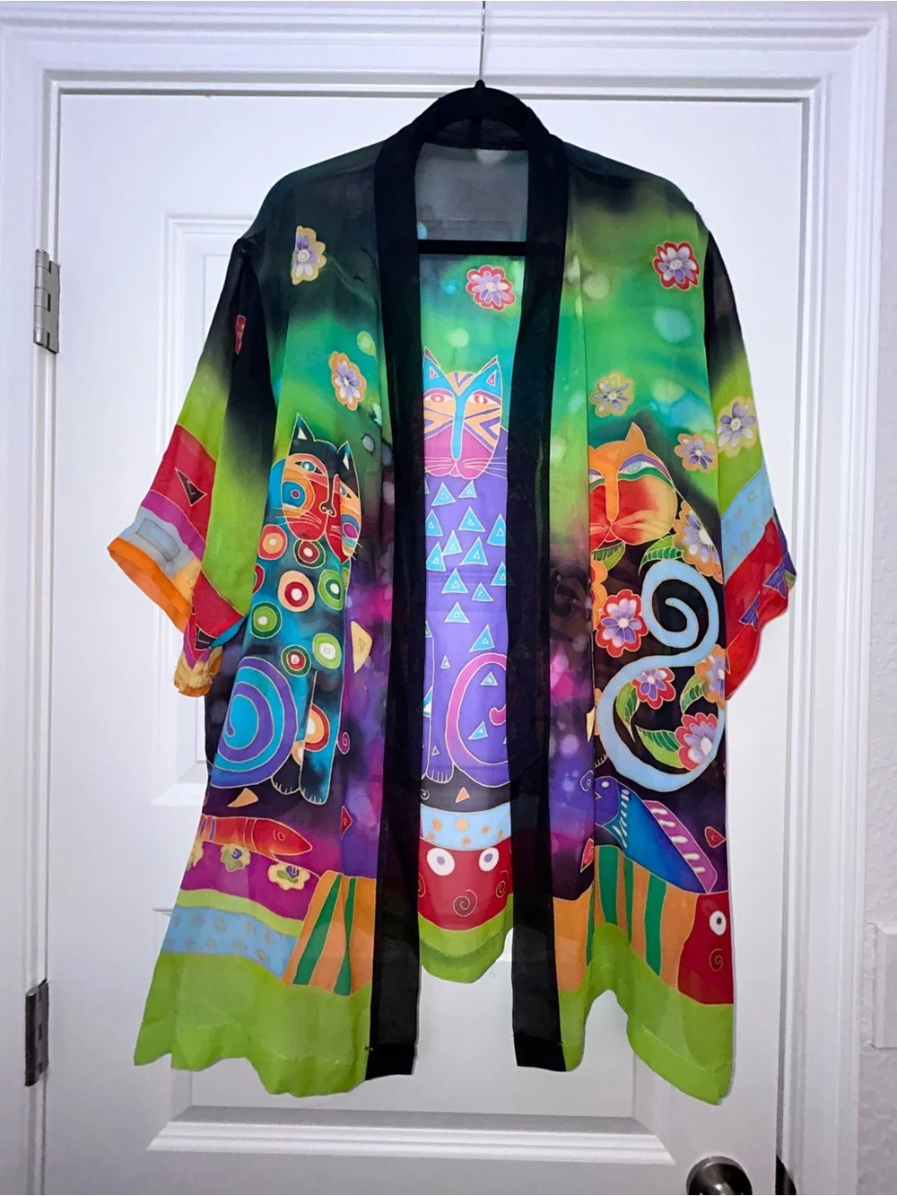 Cat Art Deco 100% Silk Open Front Sheer Kimono Statement Top - Picture 3 of 10